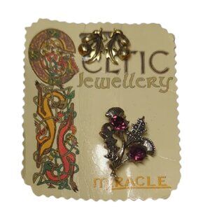 NWT Vintage Mid Centry Miracle Celtic Thistle Brooch & Leaf Earrings Set